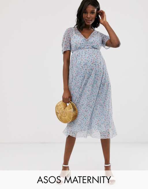 Asos Design Maternity Ditsy Print Midi Mesh Tea Dress With Pleated Skirt Asos 