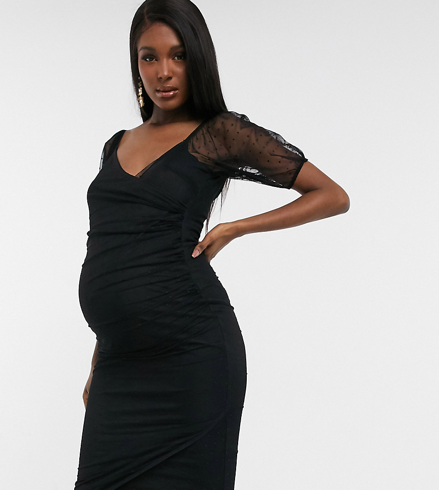 ASOS DESIGN Maternity dobby mesh puff sleeve wrap midi dress in black