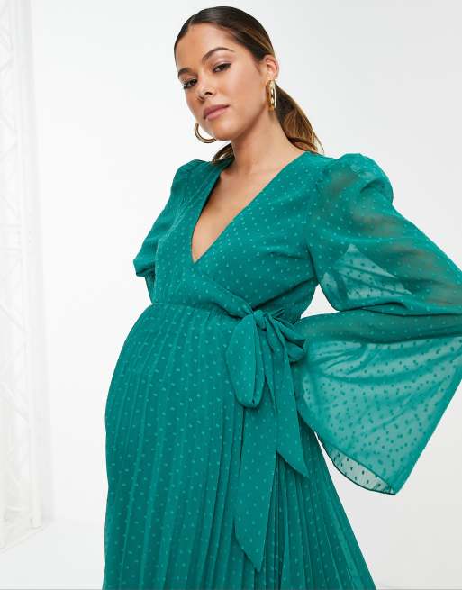 ASOS DESIGN Maternity dobby pleated wrap mini dress in antique green