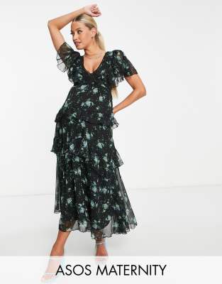 ASOS DESIGN Maternity dobby tiered midi dress with lace insert and open  back in print-Multi