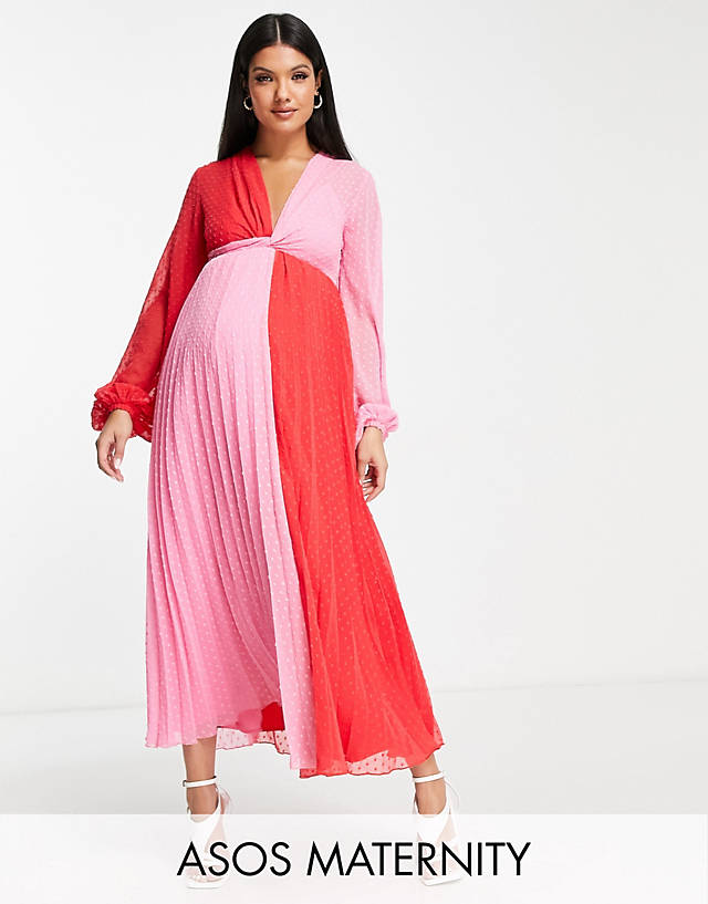 ASOS Maternity - ASOS DESIGN Maternity dobby twist front pleated midi dress in red and pink colourblock