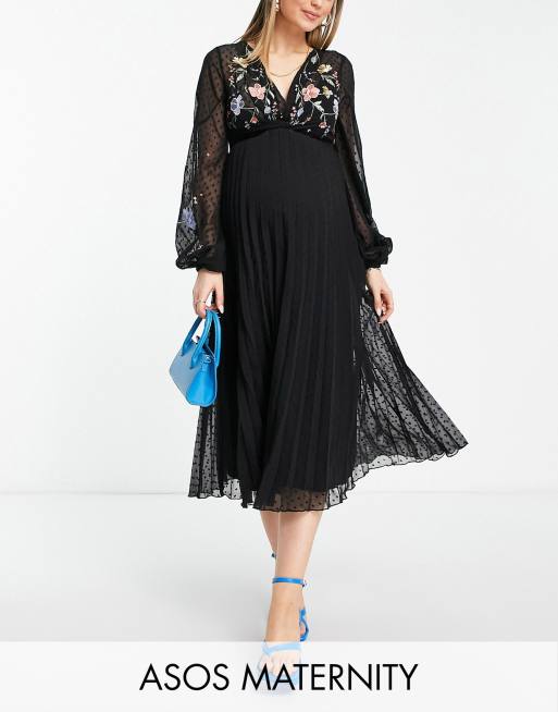 ASOS DESIGN Maternity dobby twist front pleated midi dress with all over  embroidery in black