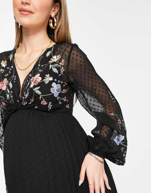 ASOS DESIGN Maternity dobby twist front pleated midi dress with all over  embroidery in black