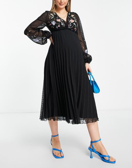 ASOS DESIGN Maternity dobby twist front pleated midi dress with all over  embroidery in black