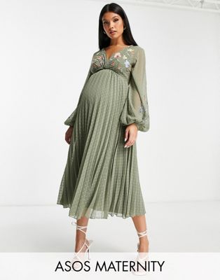 ASOS DESIGN Maternity dobby twist front pleated midi dress with all over embroidery in khaki