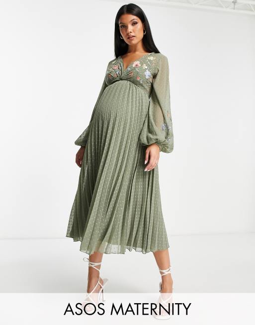 Asos Design Maternity Dobby Twist Front Pleated Midi Dress With All Over Embroidery In Khaki Asos 