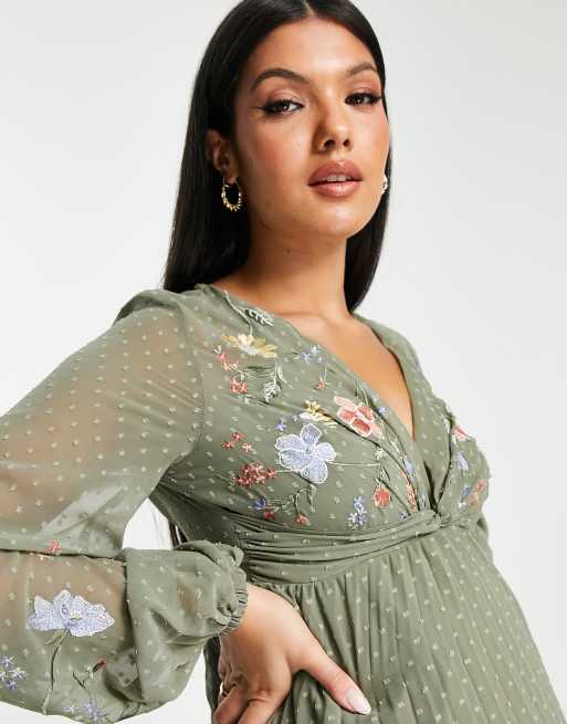 asos edition maternity embroidered floral maxi dress in dobby spot