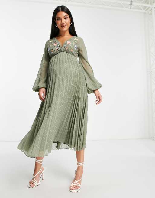 ASOS DESIGN Maternity dobby twist front pleated midi dress with all over  embroidery in khaki