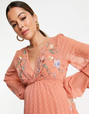 ASOS DESIGN Maternity dobby twist front pleated midi dress with all over  embroidery in rust