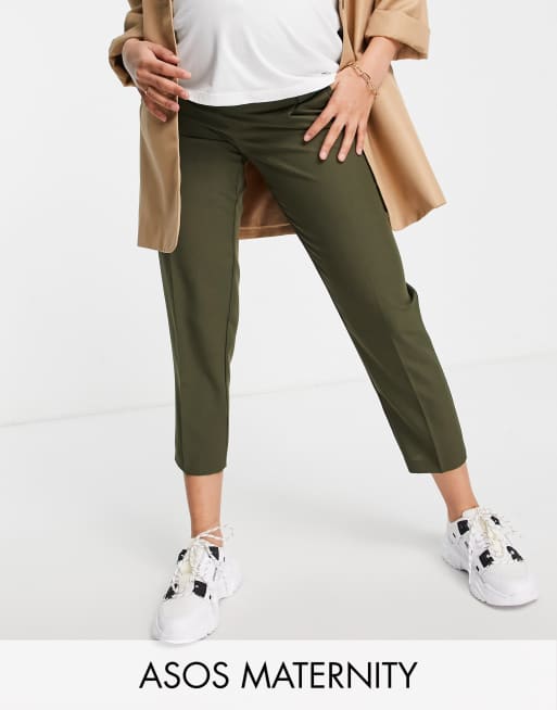 ASOS DESIGN Maternity – Dopasowane, eleganckie spodnie zasłaniające brzuch, w kolorze khaki, ze zwężanymi nogawkami