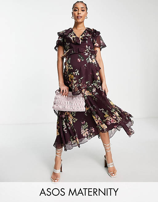  Maternity drape detail midi dress in dobby chiffon with tie detail in floral print 