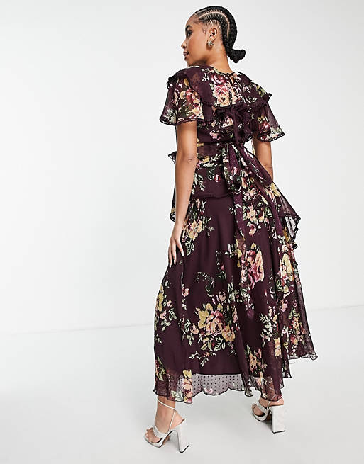  Maternity drape detail midi dress in dobby chiffon with tie detail in floral print 