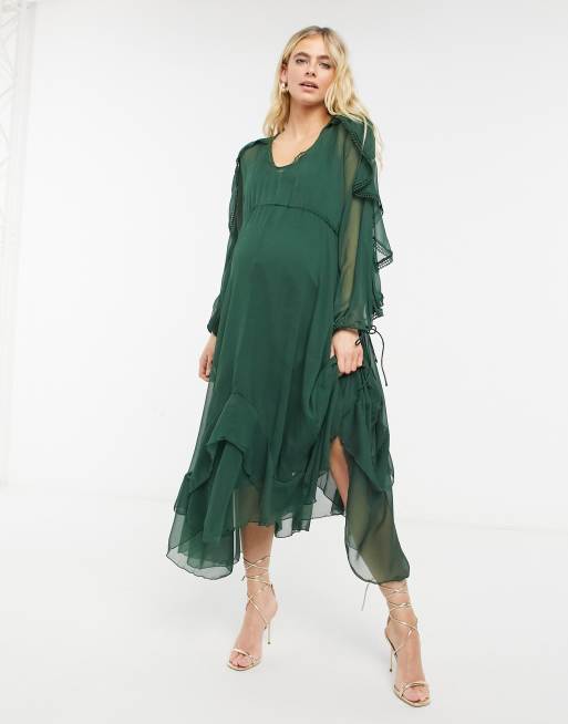 ASOS Maternity Drape Ruffle Midi Dress With Lace Insert And Tassel Detail  in Green