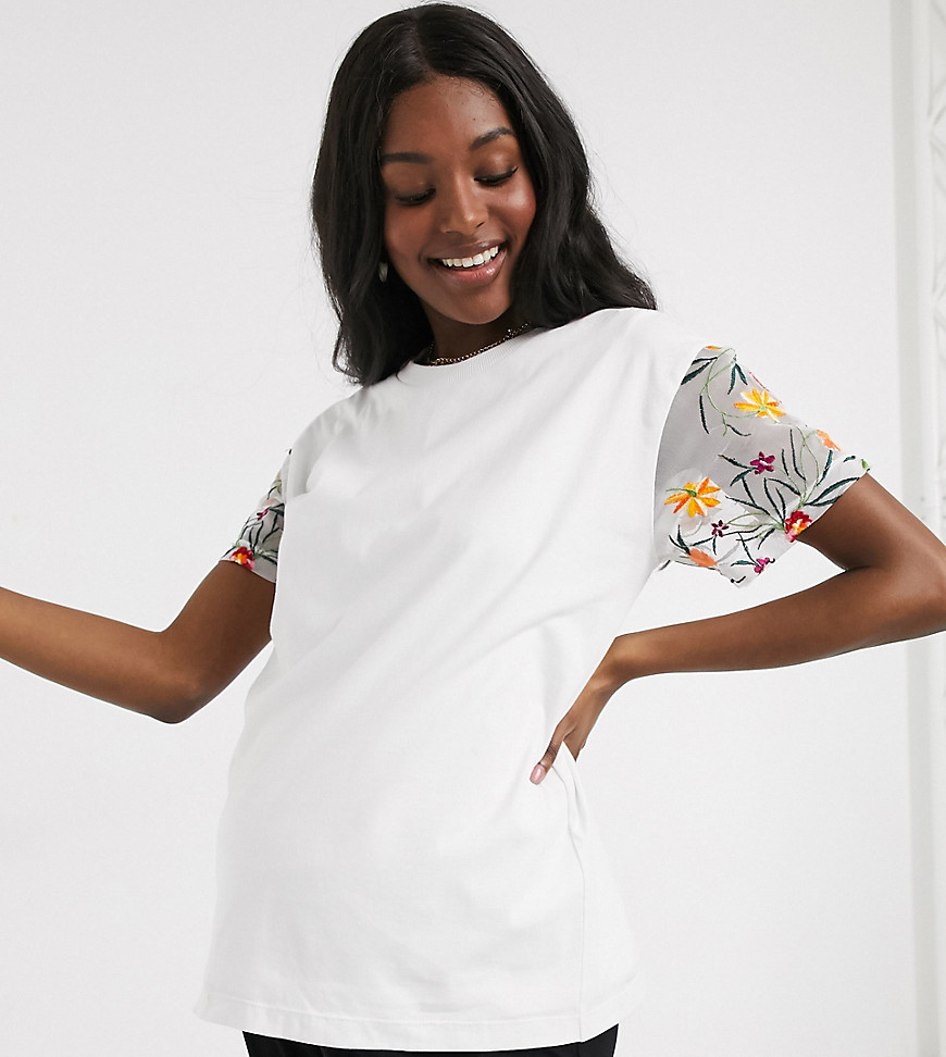 ASOS DESIGN Maternity - Dubbel gelaagd borstvoedingsshirt met geborduurde mouwen-Wit