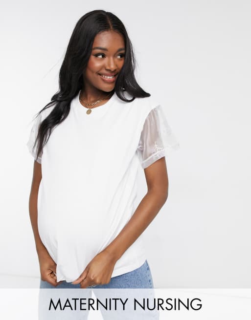 ASOS DESIGN Maternity - Dubbel gelaagd borstvoedingsshirt met geborduurde mouwen