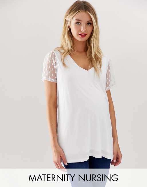 ASOS DESIGN Maternity - Dubbel gelaagd T-shirt voor borstvoeding met mouwen van dobby mesh in wit