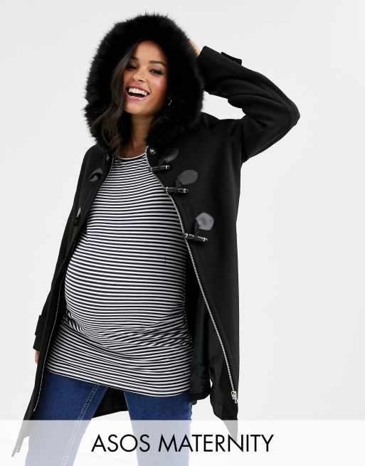 ASOS DESIGN Maternity duffle coat with faux fur trim in black