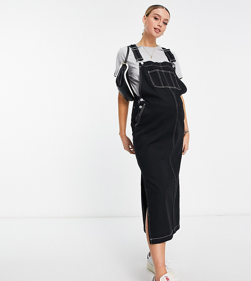 ASOS DESIGN Maternity dungaree dress in black with contrast stitch