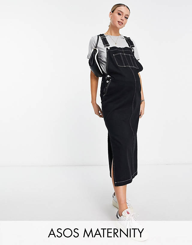 ASOS Maternity - ASOS DESIGN Maternity dungaree dress in black with contrast stitch