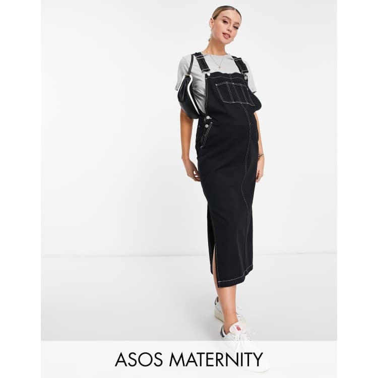 ASOS DESIGN Maternity dungaree dress in black with contrast stitch