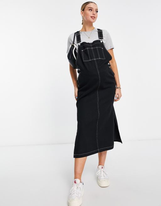 ASOS DESIGN Maternity dungaree dress in black with contrast stitch