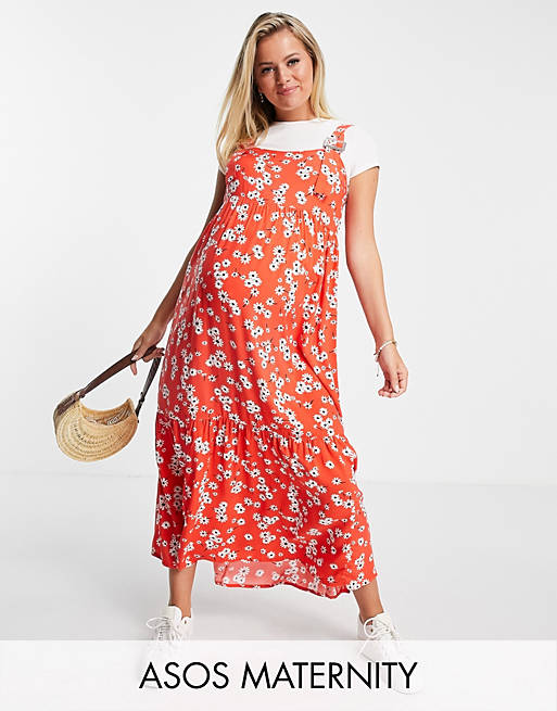  Maternity dungaree midi sundress in bubble texture in red floral print 
