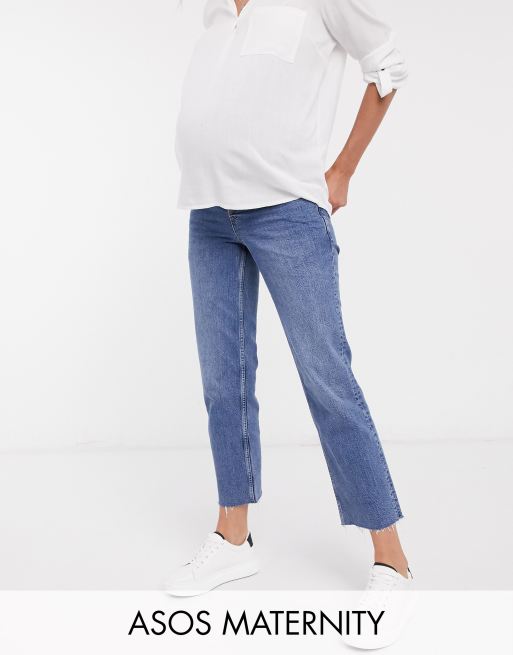 ASOS DESIGN Maternity – Effortless – Mellanblå, stretchiga ankellånga utsvängda jeans med midjeband över magen