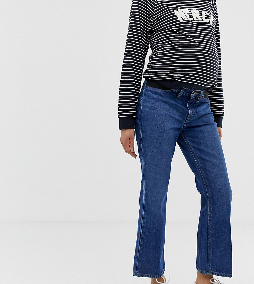 ASOS DESIGN Maternity Egerton rigid cropped flare jeans in dark vintage wash blue with side bump band