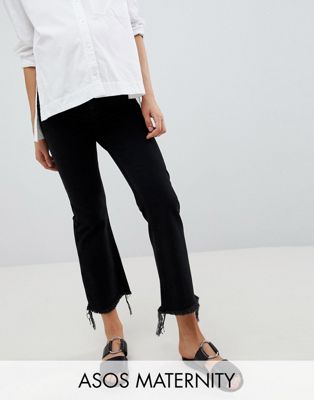 ASOS DESIGN Maternity Egerton rigid cropped flare jeans in washed black with raw hem with side bump band