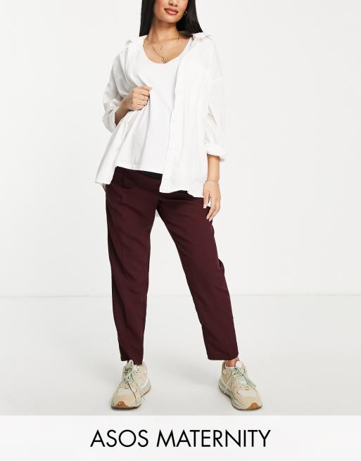 ASOS DESIGN Maternity – Eleganckie spodnie o dopasowanym zwężanym kroju zasłaniającym brzuch w kolorze wina