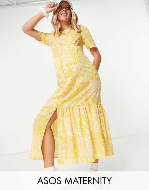 ASOS DESIGN Maternity - Elegante midi-jurk met strook langs de zoom in geel met gemengde madeliefjesprint