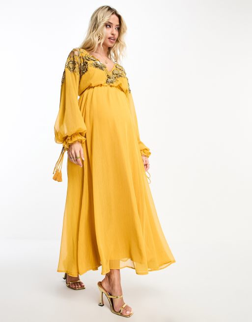 Topshop Maternity floral midi dress in mustard