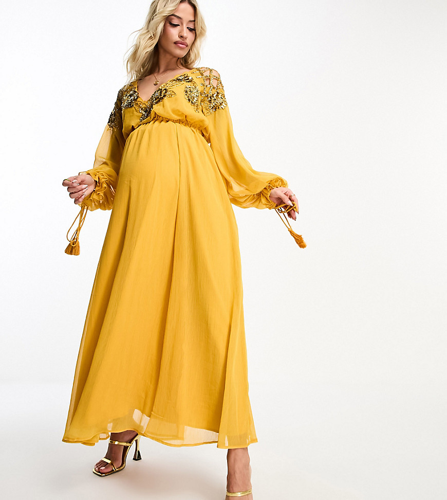 Asos Maternity Asos Design Maternity Embellished Floral And Lattice Detail Midi Dress With Elasticized Waist In Mus In Yellow