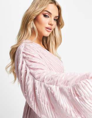 ASOS DESIGN Maternity embellished plunge mini dress in blush with blouson  sleeve