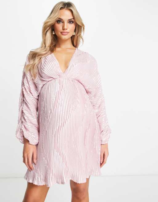 ASOS DESIGN Maternity embellished plunge mini dress in blush with blouson sleeve, 4 of 4