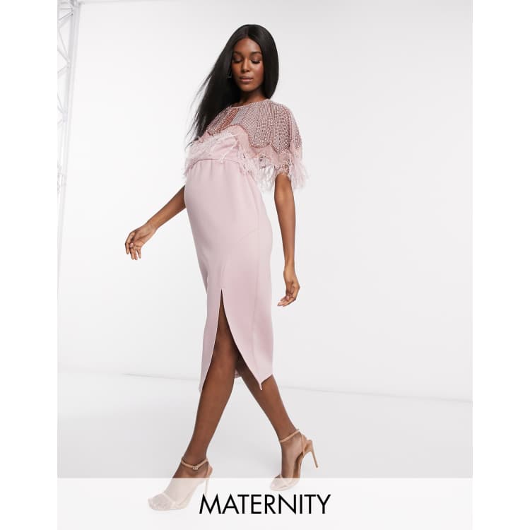 ASOS DESIGN Maternity embellished scuba pearl faux feather midi dress in  pink