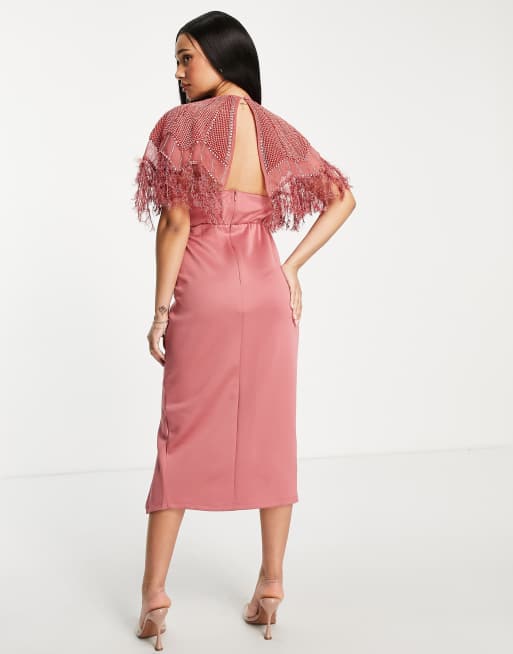 ASOS DESIGN Maternity embellished scuba pearl faux feather midi dress in  pink