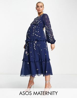 ASOS DESIGN Maternity embellished tiered midi dress with wild bloom floral embrodiery in navy