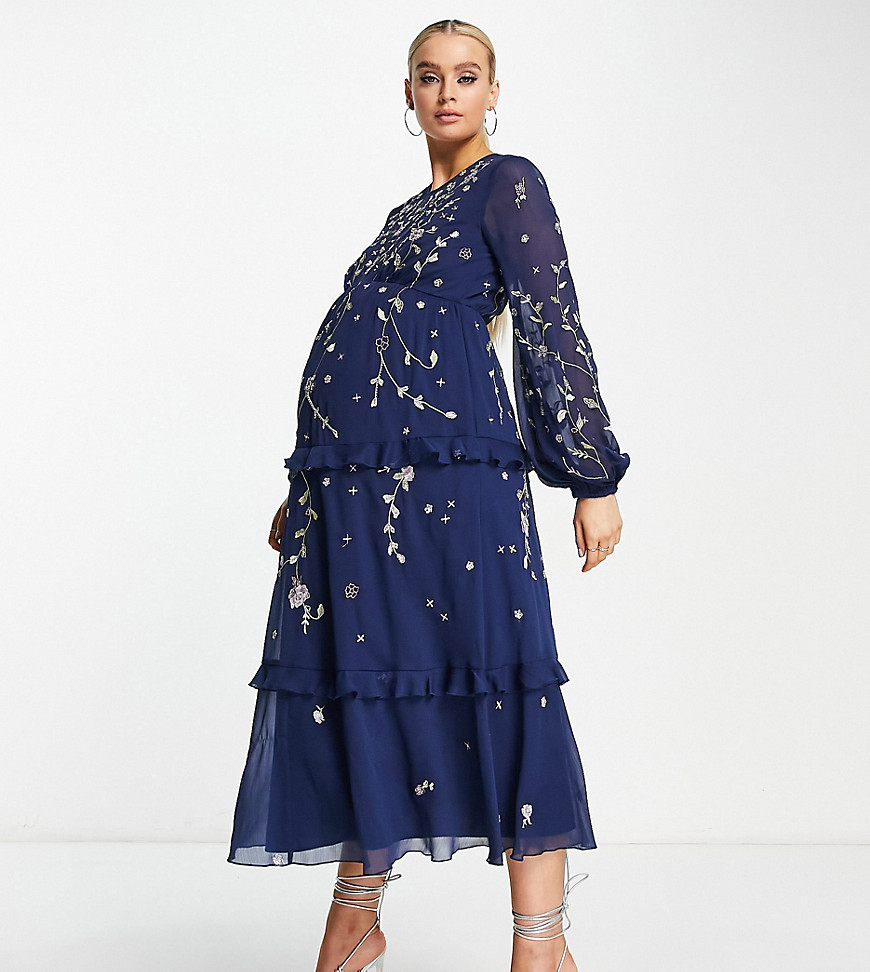 ASOS DESIGN Maternity embellished tiered midi dress with wild bloom floral embrodiery in navy