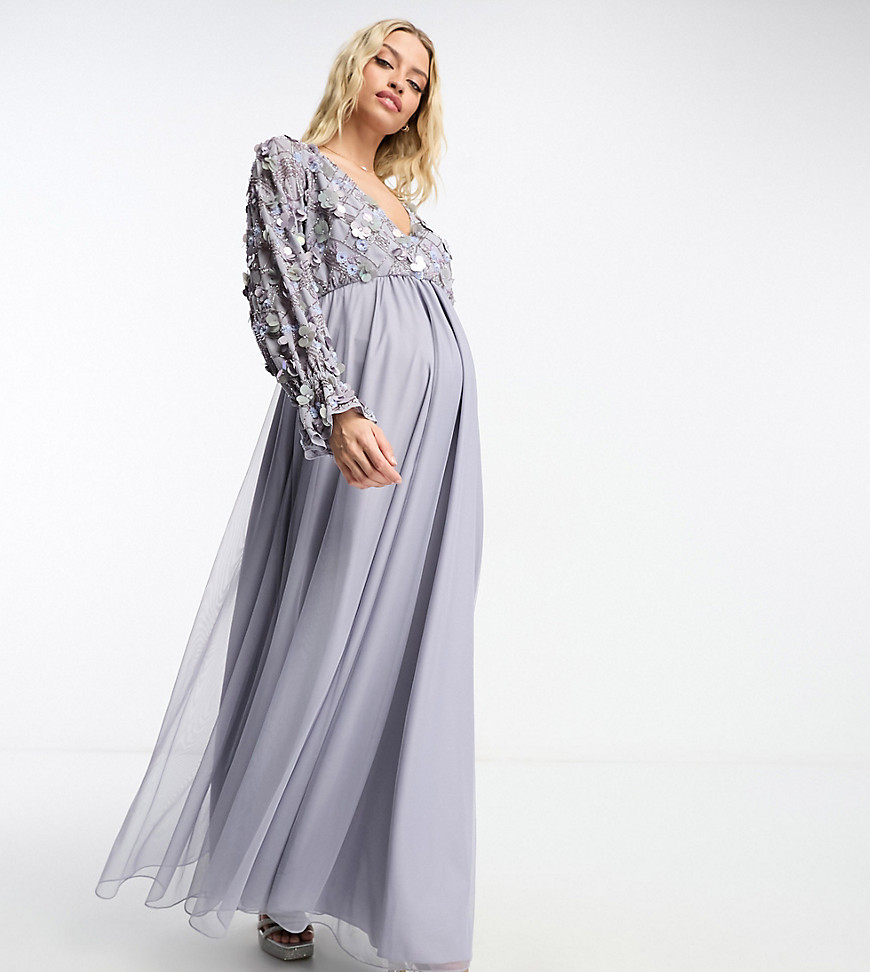 ASOS DESIGN Maternity embellished wrap front tulle skirt midaxi dress with floral detail in lilac-Pu