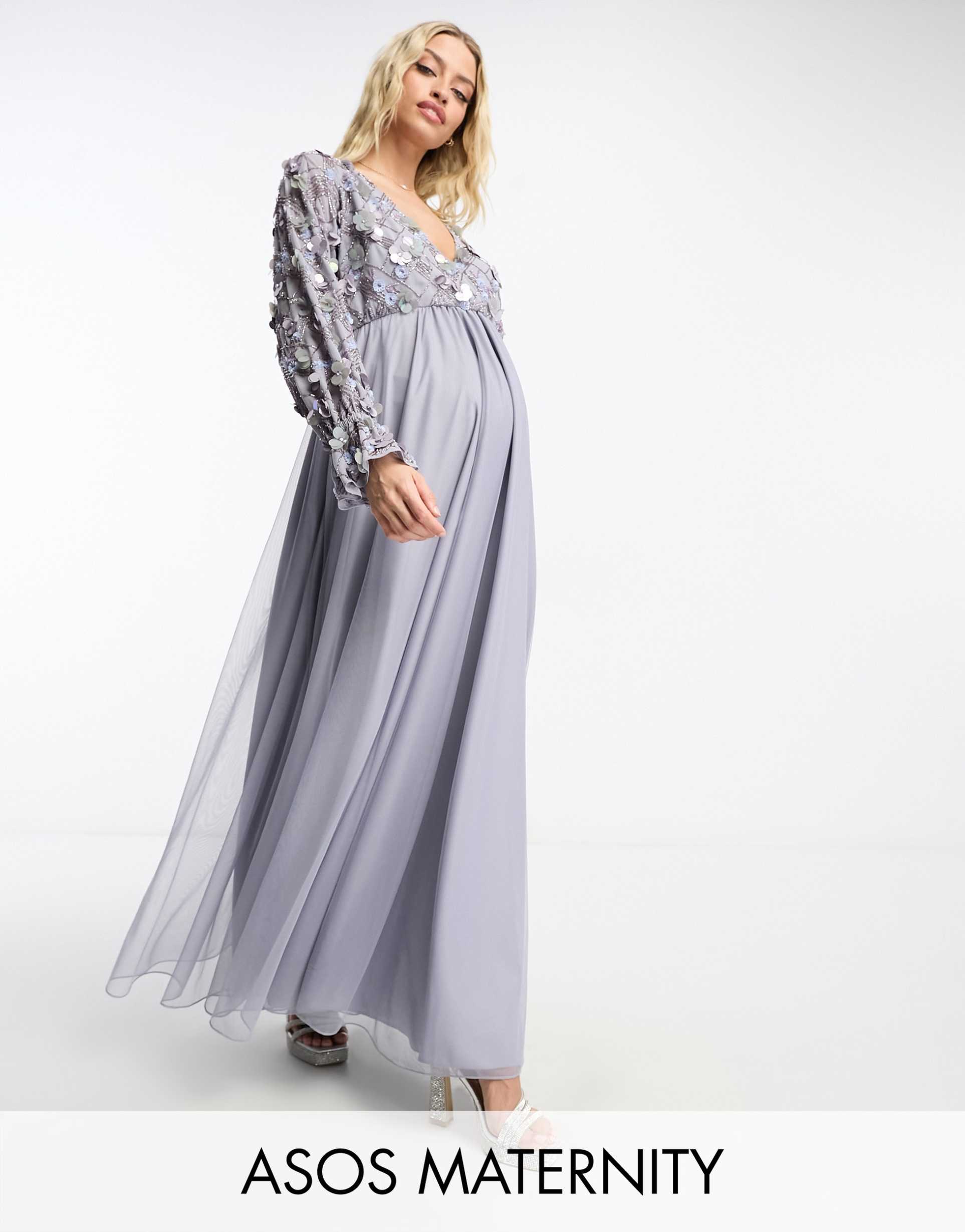 asos design maternity embellished wrap front tulle skirt midaxi dress with floral detail in lilac