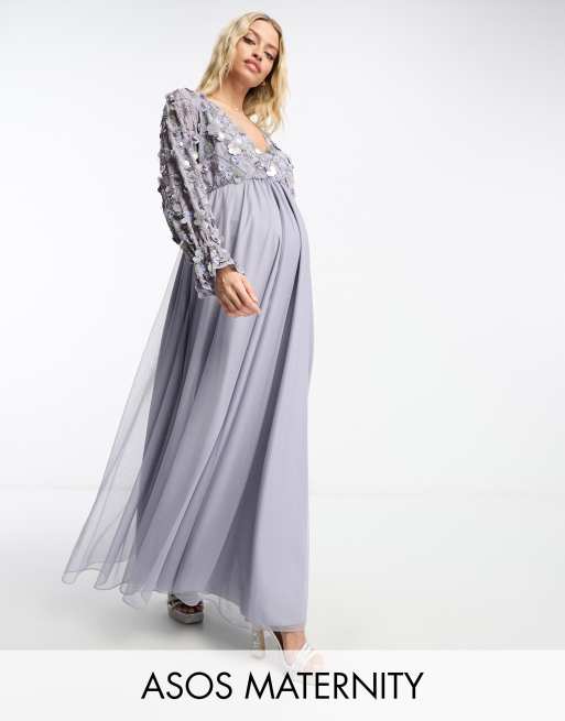 ASOS DESIGN Maternity embellished wrap front tulle skirt midaxi dress with floral detail in lilac ASOS