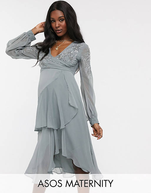 ASOS DESIGN Maternity embellished wrap waist midi dress with double layer skirt and long sleeve in dusty blue