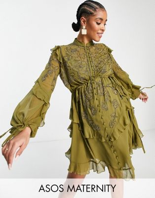 ASOS DESIGN Maternity embelllished chiffon mini dress with stencil floral beading in olive - ASOS Price Checker
