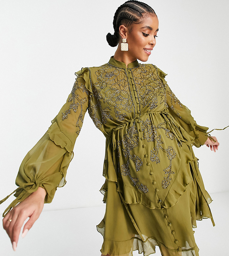 ASOS DESIGN Maternity embelllished chiffon mini dress with stencil floral beading in olive-Navy