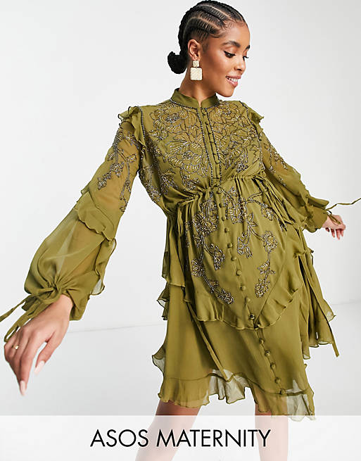 ASOS DESIGN Maternity embelllished chiffon mini dress with stencil floral  beading in olive
