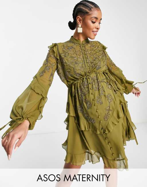 ASOS DESIGN Maternity embelllished chiffon mini dress with stencil floral  beading in olive