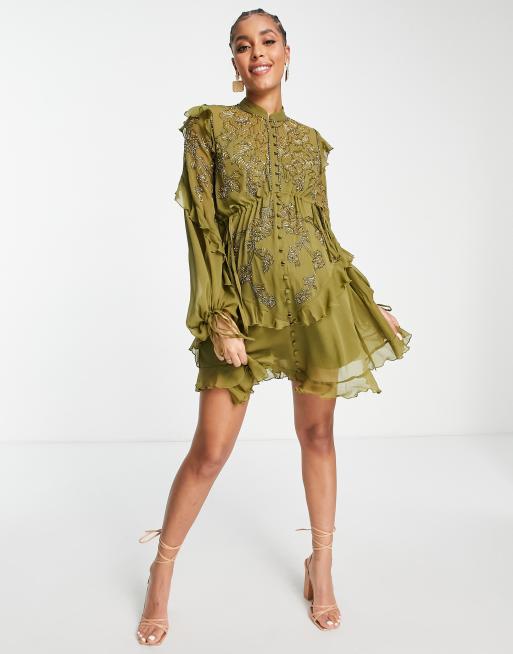 ASOS DESIGN Maternity embelllished chiffon mini dress with stencil floral  beading in olive