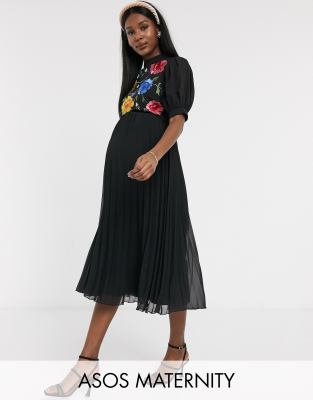 asos design pleated high neck midi dress with embroidery