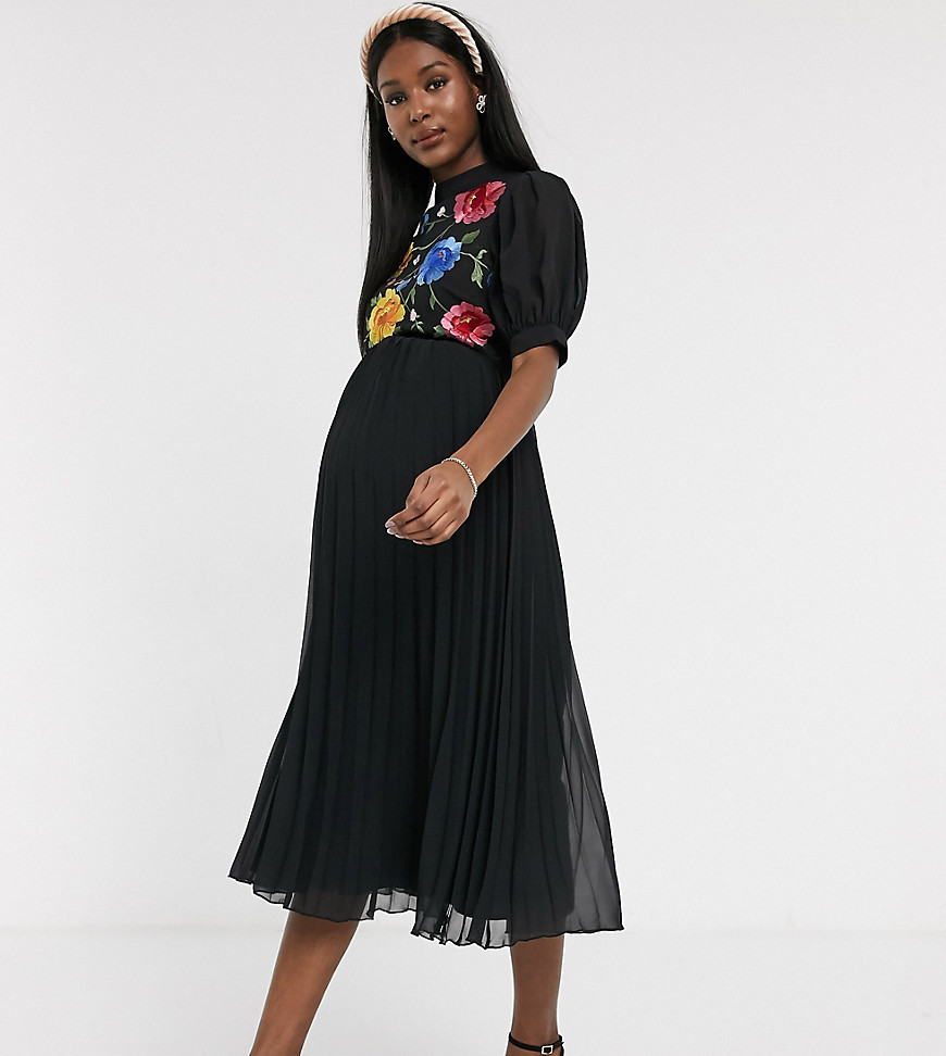 ASOS DESIGN Maternity embroidered high neck pleated midi dress with puff sleeve in black